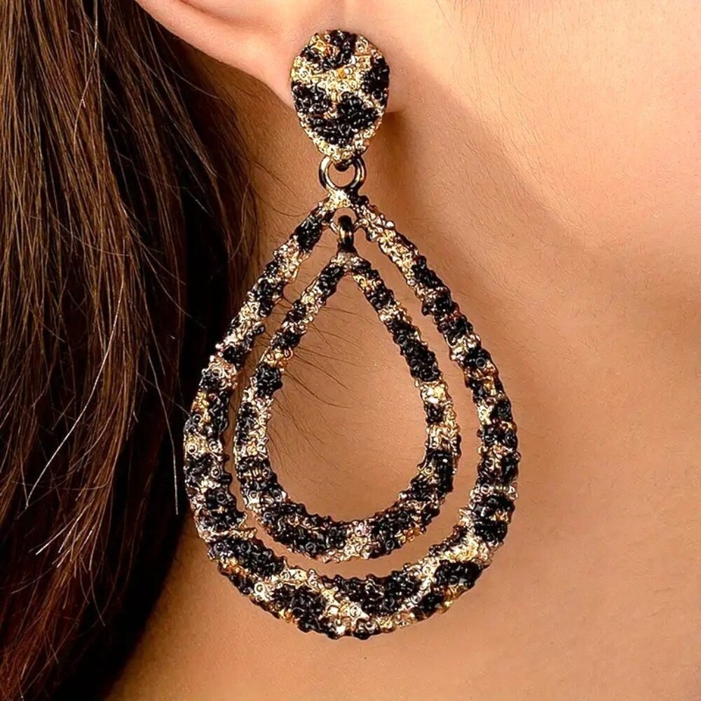 Vintage-Style Gold Tone & Black Crystal Teardrop Dangle‎ Earrings